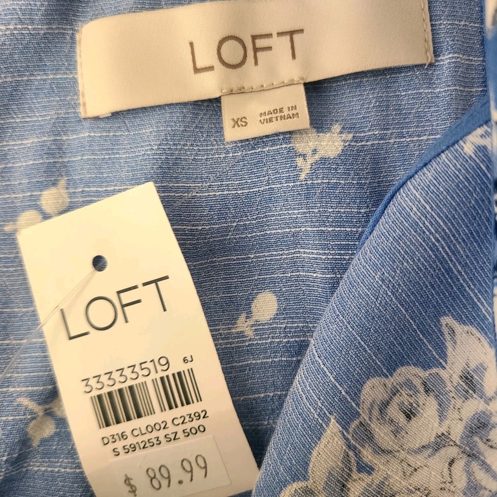Loft Midi Dress XS Blue Floral Sleeveless Back Cut Out Pockets Drawstring - Picture 6 of 7
